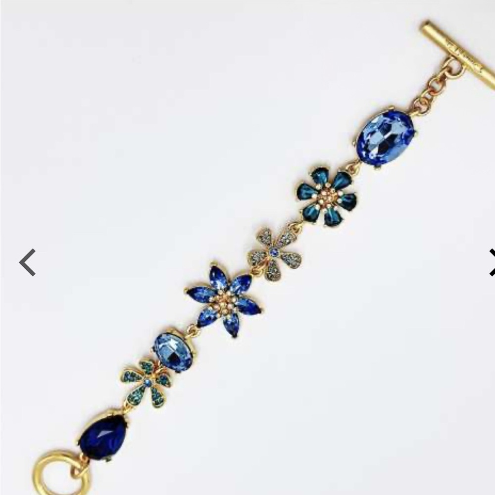 Oscar de la Renta Gold Bracelet with Blue and Teal Crystal Flowers - Picture 9 of 9